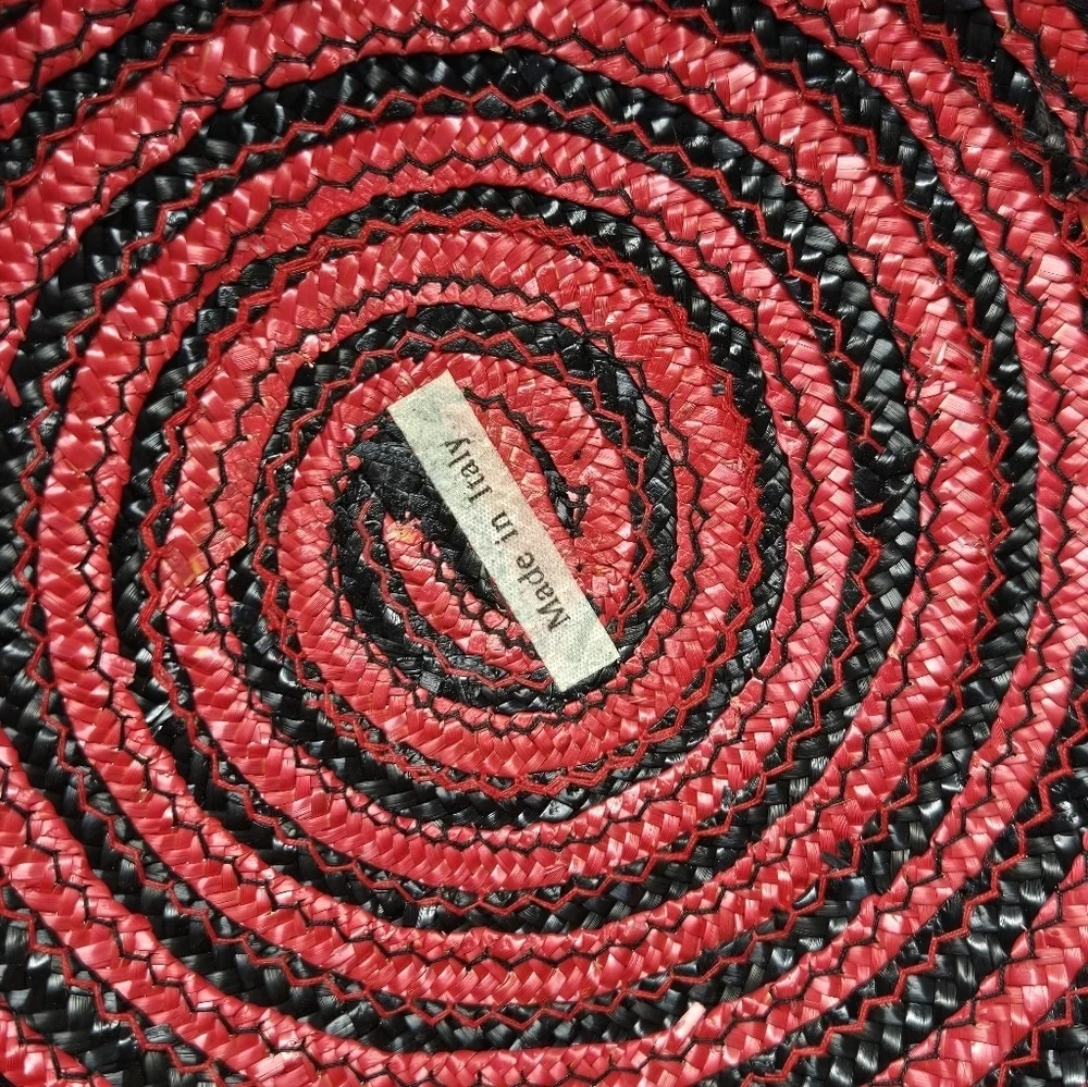 VINTAGE 100% NATURAL STRAW WOVEN HAT BLACK & RED SWIRL ITALY WOMEN OS WHIMSIGOTH - Picture 9 of 13